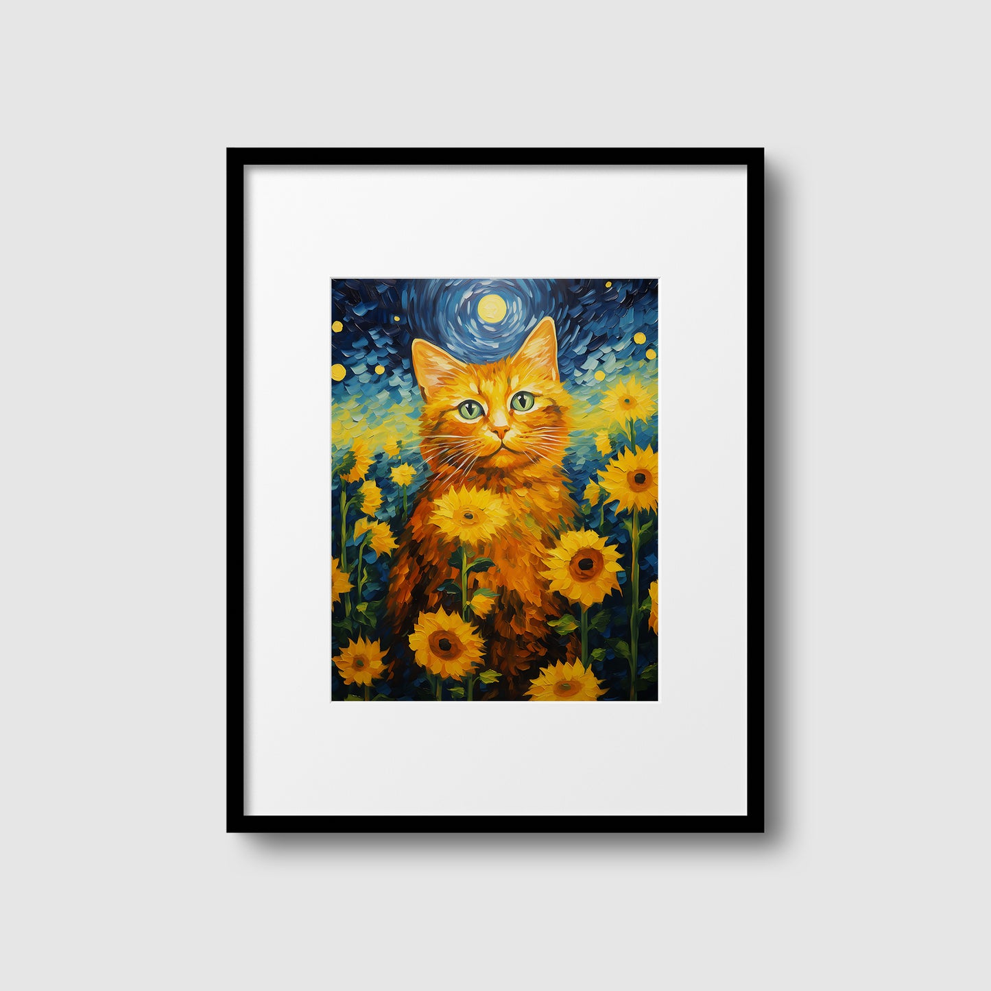 Van Gogh Style Cat Sunflowers Framed Poster