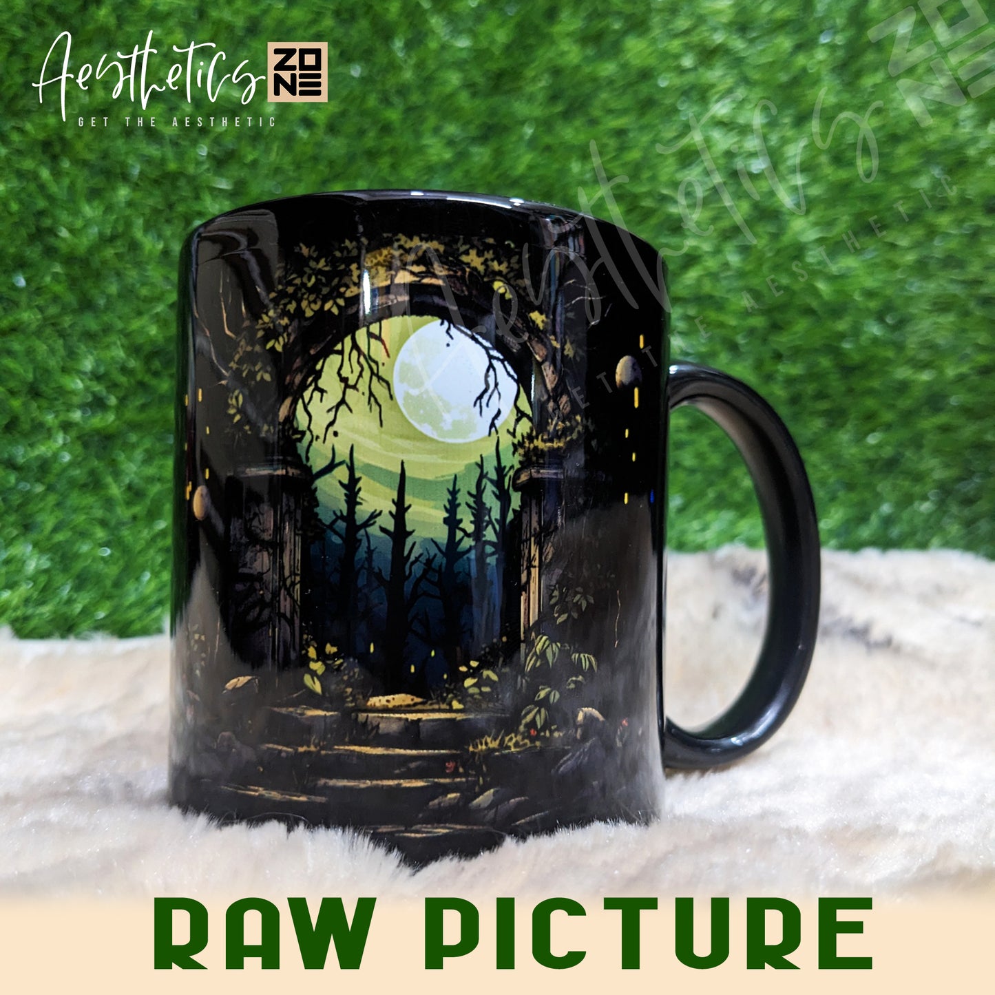 Step into Fantasy: Ceramic Mugs with Watercolor Mossy Stone Gate Design