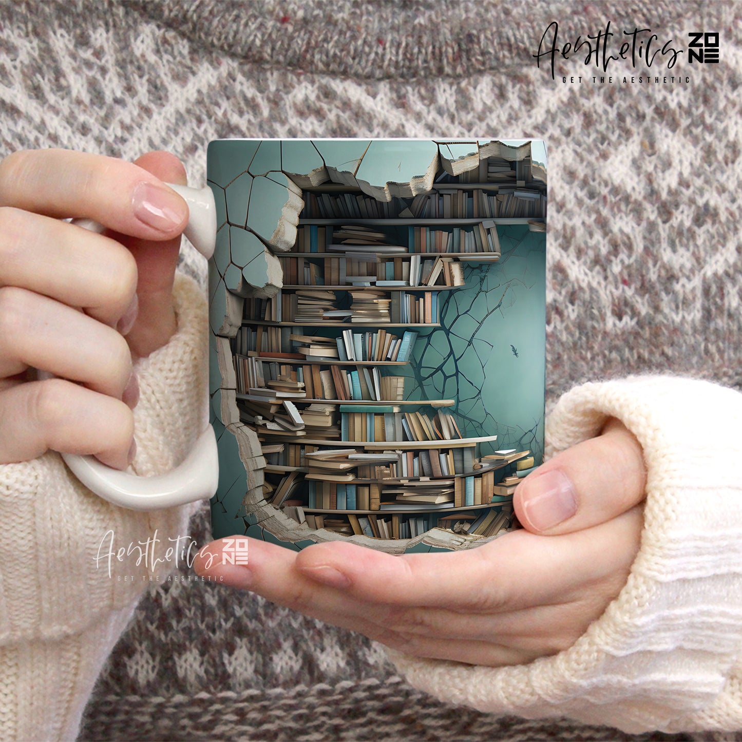 Mint Blue 3D ceramic bookshelf design mugs