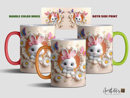 Springtime Charm: 3D Bunny Daisy Floral Ceramic Mugs