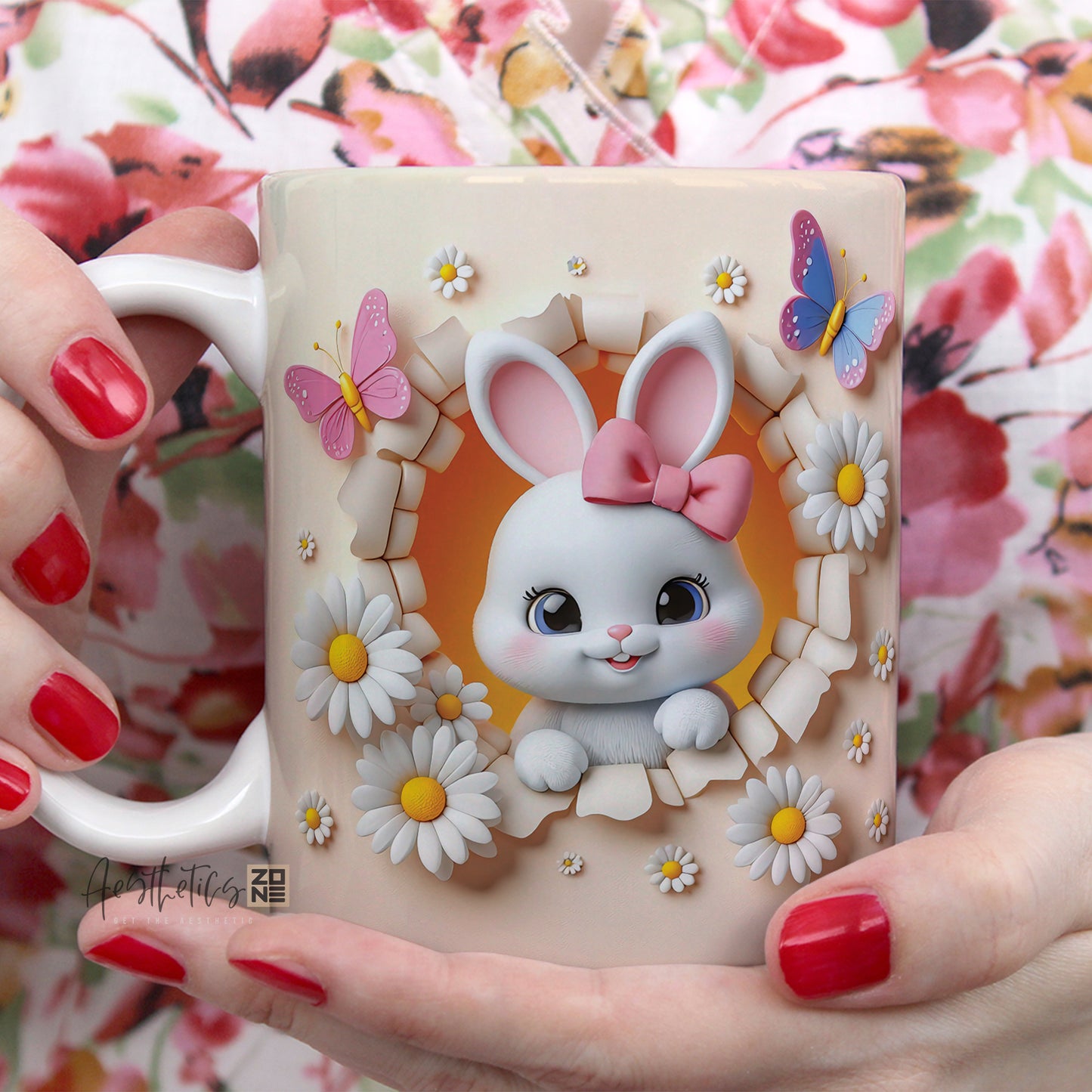 Springtime Charm: 3D Bunny Daisy Floral Ceramic Mugs