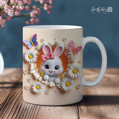 Springtime Charm: 3D Bunny Daisy Floral Ceramic Mugs