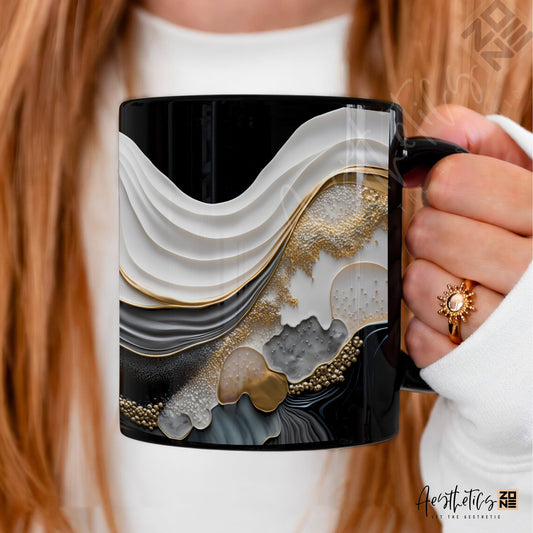 Ultra-Glossy Ceramic Mugs with Luxe Black & Golden Abstract Design