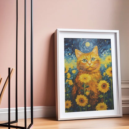 Van Gogh Style Cat Sunflowers Framed Poster