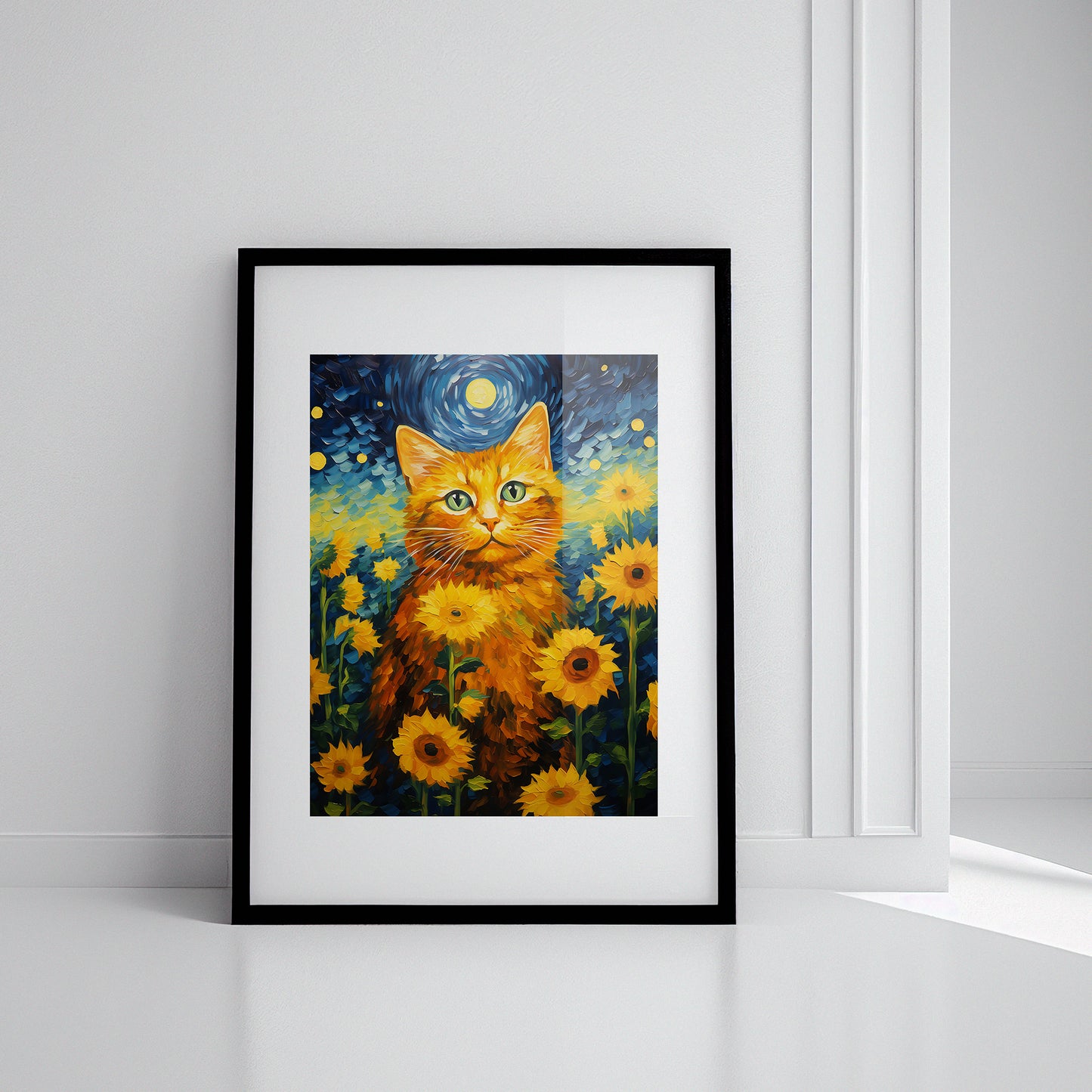 Van Gogh Style Cat Sunflowers Framed Poster