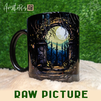 Step into Fantasy: Ceramic Mugs with Watercolor Mossy Stone Gate Design