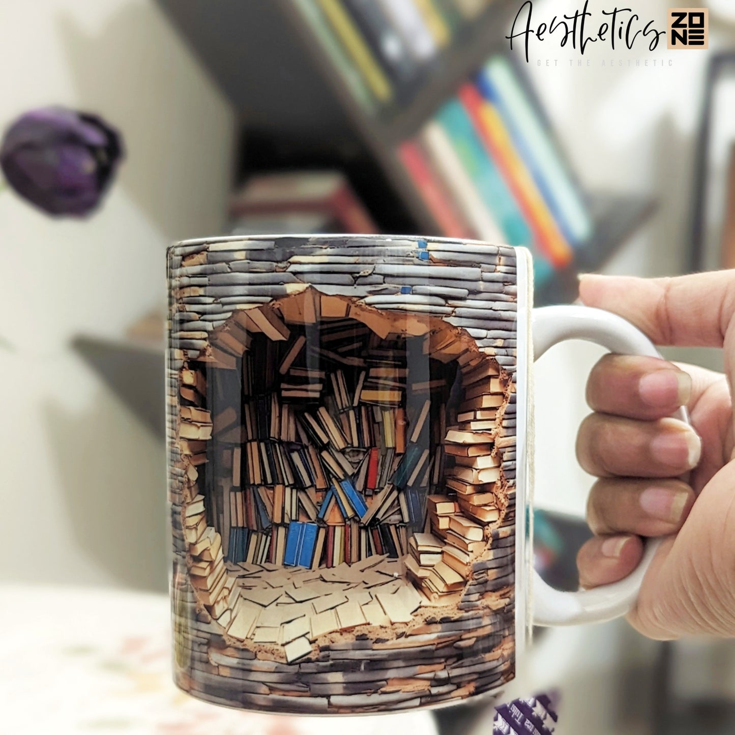 3D bookshelf design Ceramic Mugs Grey Color