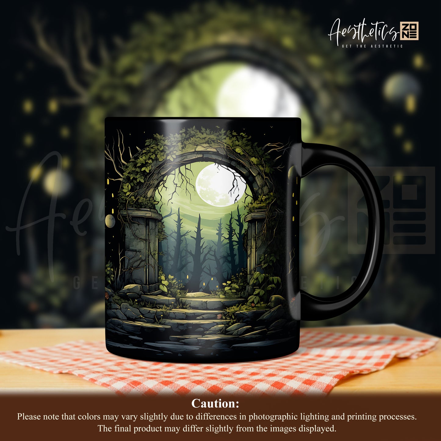 Step into Fantasy: Ceramic Mugs with Watercolor Mossy Stone Gate Design