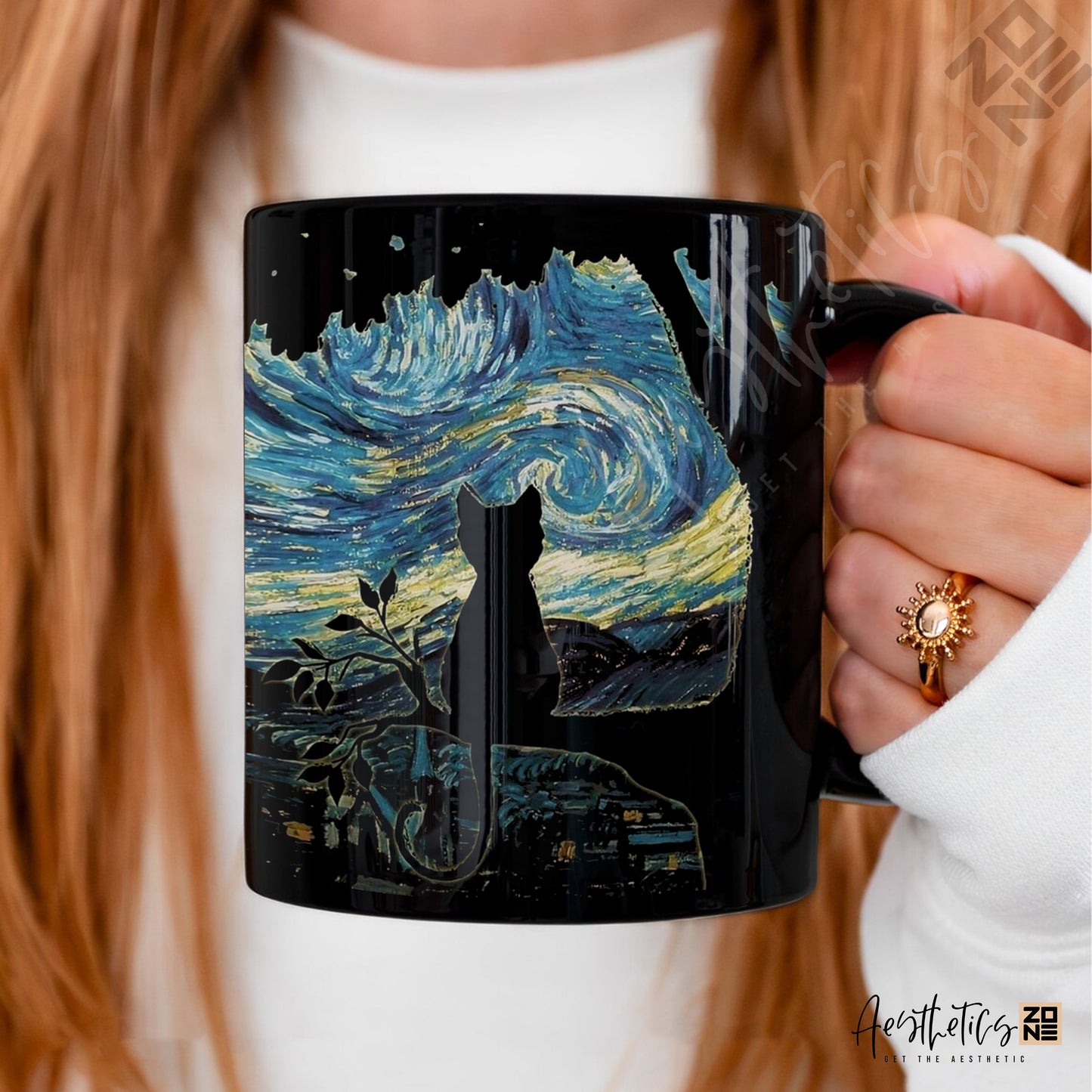 Whiskers Under the Stars: Starry Night with Cat Design Mugs