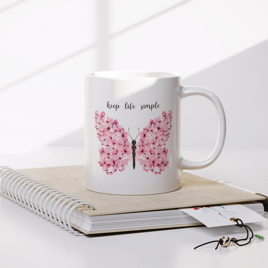 Embrace Simplicity with our Inspirational Coffee Mug adorned with Pink Butterflies