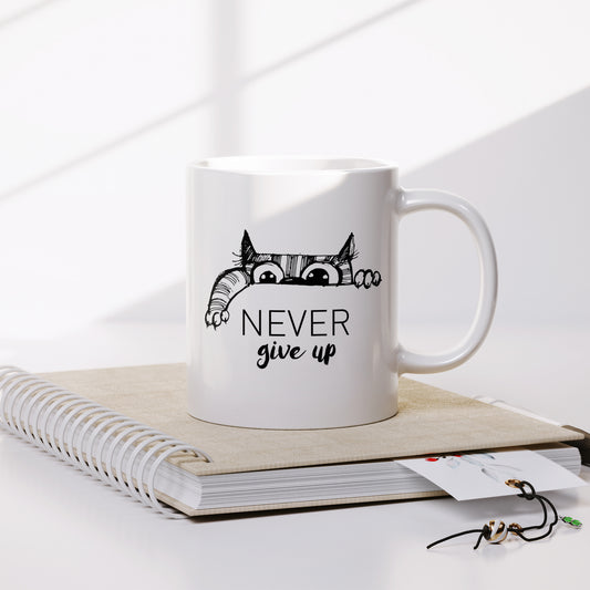 Never give up cat design quote coffee mug