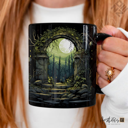 Step into Fantasy: Ceramic Mugs with Watercolor Mossy Stone Gate Design